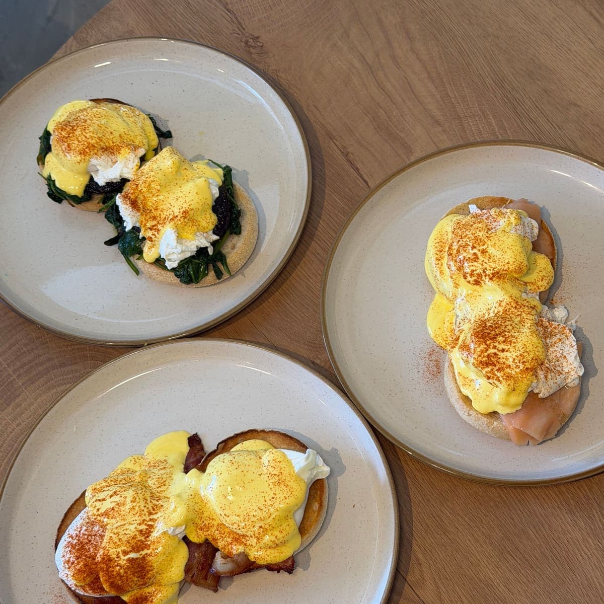 Eggs Royale, Benedict and Florentine served on English muffins at TOAST & Co in Derby